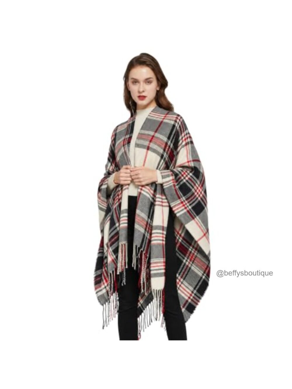 Womens Oversized Plaid Shawl Scarf Tassel Open Front Wrap